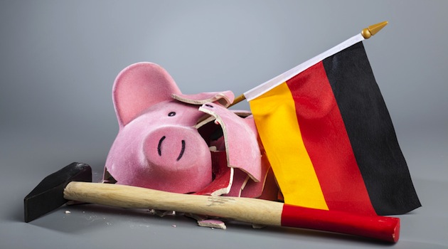 Robbed piggy bank of Germany with hammer